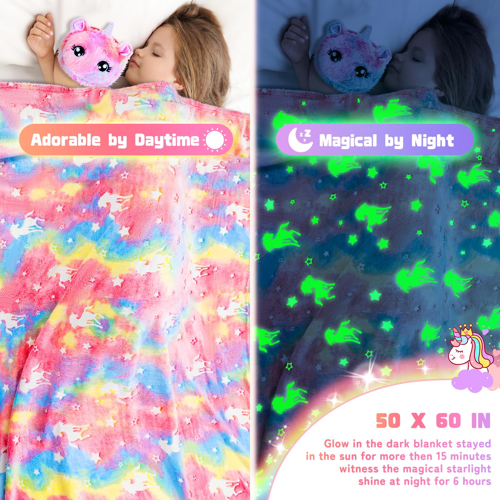 Unicorn Toys for Girls Kids Toys 5 6 7 8 9 10+ Years Old, Kids Unicorn Gifts with Glowing Blanket/ Water Bottle/ Eye Mask/Headband/Crossbody Bag/Sunglass/12PCS Birthday Gift Toys for Girls 6-10+