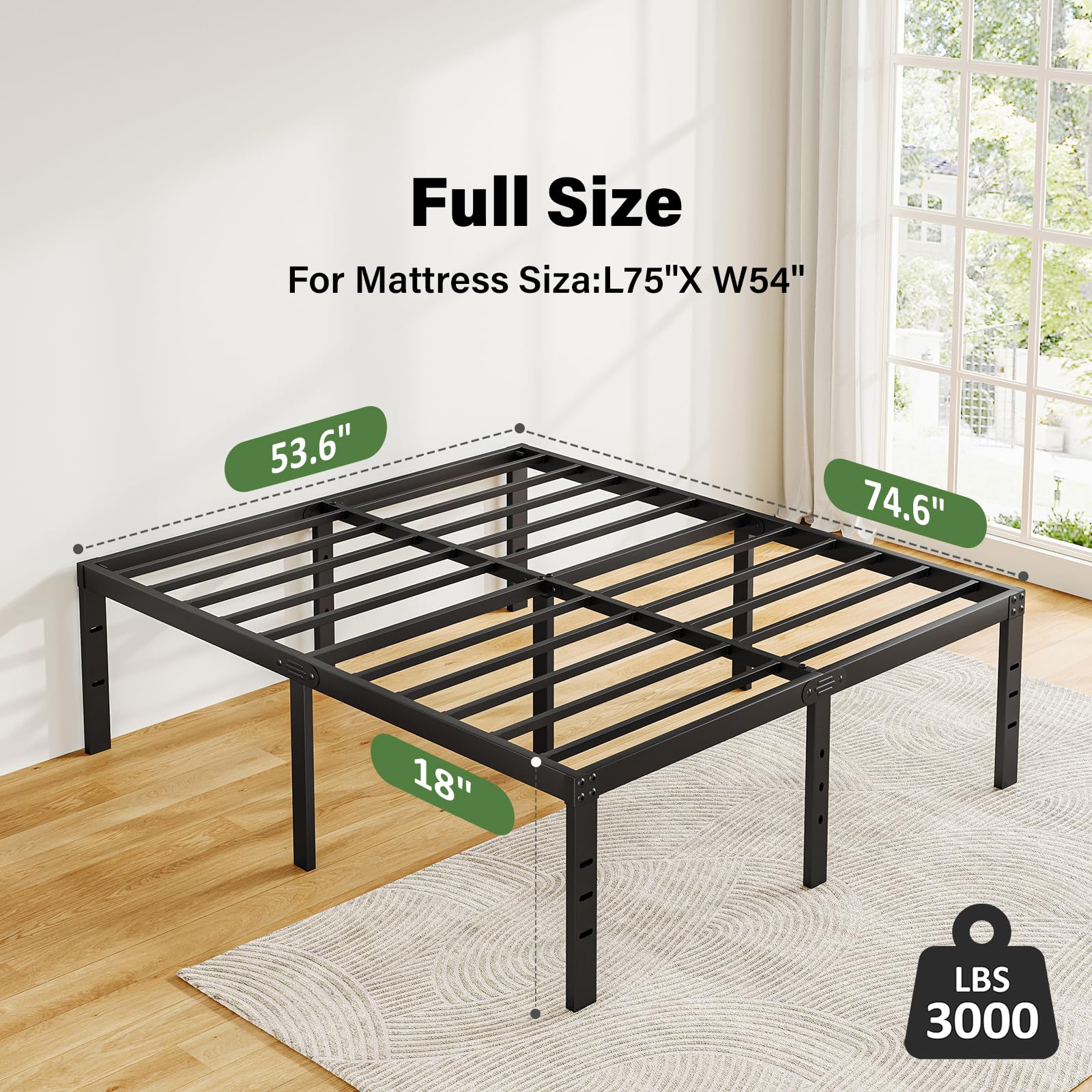 18 Inch Full Size Bed Frame No Box Spring Needed, Metal Platform Full Bed Frame, Easy Assembly Heavy Duty Noise Free Tall Bed Frame, Black