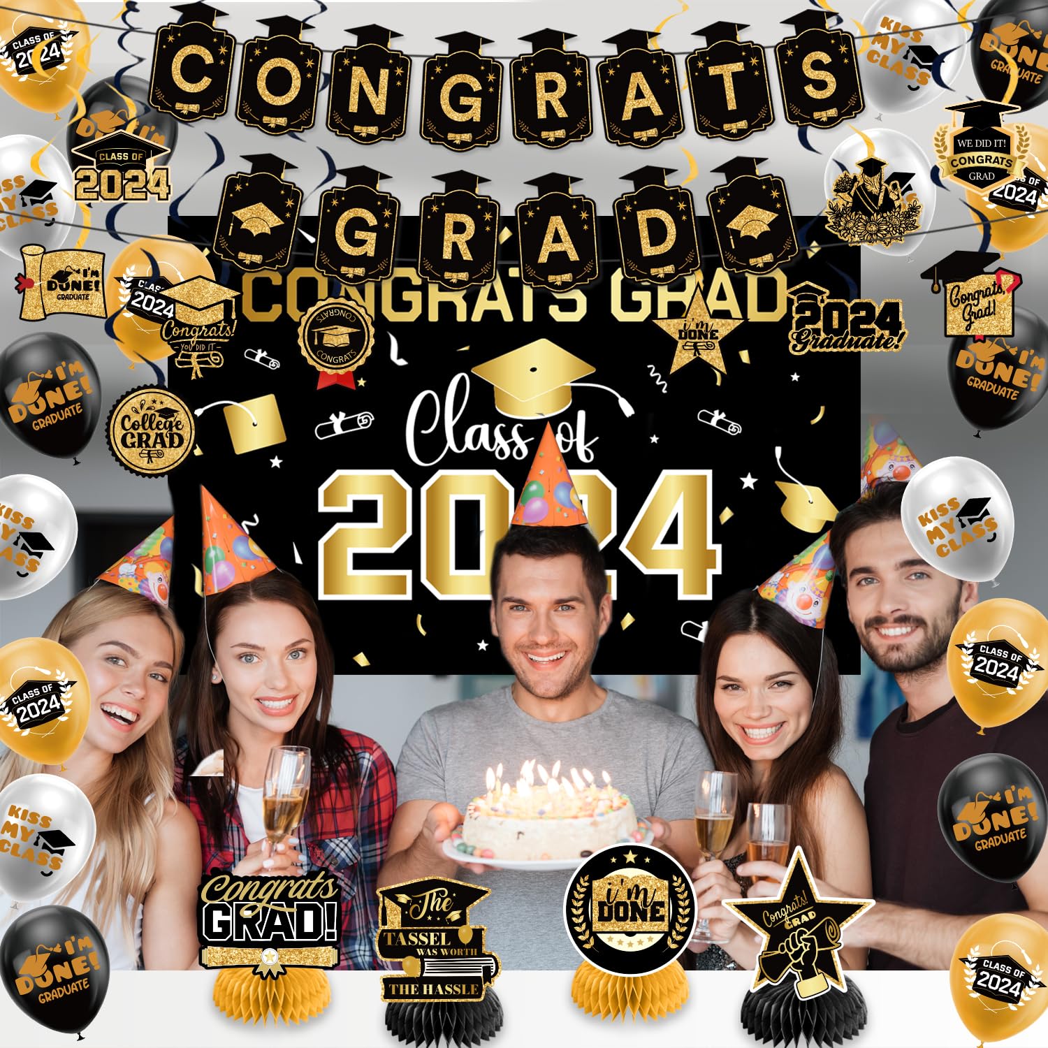 Graduation Decorations Class of 2024,Gold Themed Graduation Decorations Set,Class of 2024 Backdrop Banner,Graduation Hanging Swirl,Balloons and Honeycomb Supplies for Graduation Party (Gold)