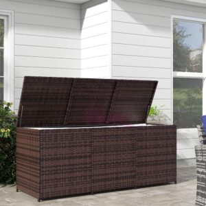 Outsunny 175 Gallon Outdoor Storage Box with Inner Liner, PE Rattan Wicker Deck Box with Pneumatic Bar Lift for Indoor & Outdoor, Patio Furniture Cushions, Pool Supplies, Garden Tools, Mixed Brown