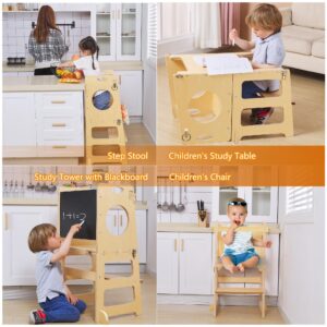 4-in-1 Foldable Kitchen Stool Helper with Safety Crossbar, Standing Toddlers Tower with Chalkboard for Learning, Montessori Folding Desk Table and Chair Set for Kids 1-6 Years