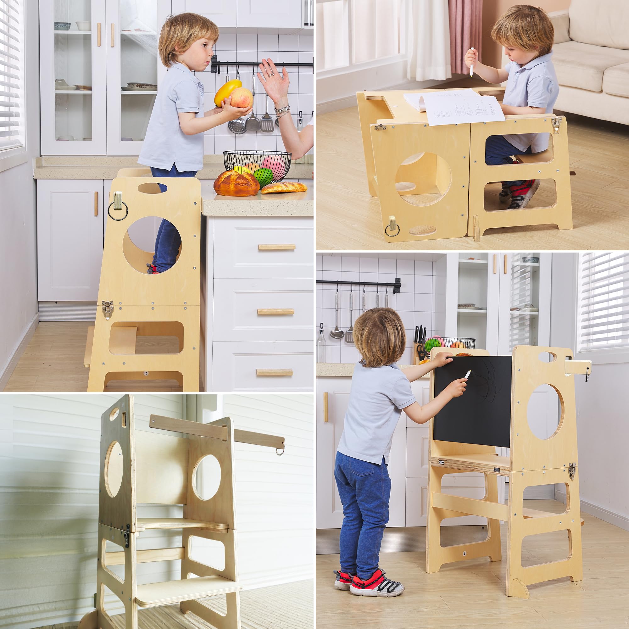 4-in-1 Foldable Kitchen Stool Helper with Safety Crossbar, Standing Toddlers Tower with Chalkboard for Learning, Montessori Folding Desk Table and Chair Set for Kids 1-6 Years