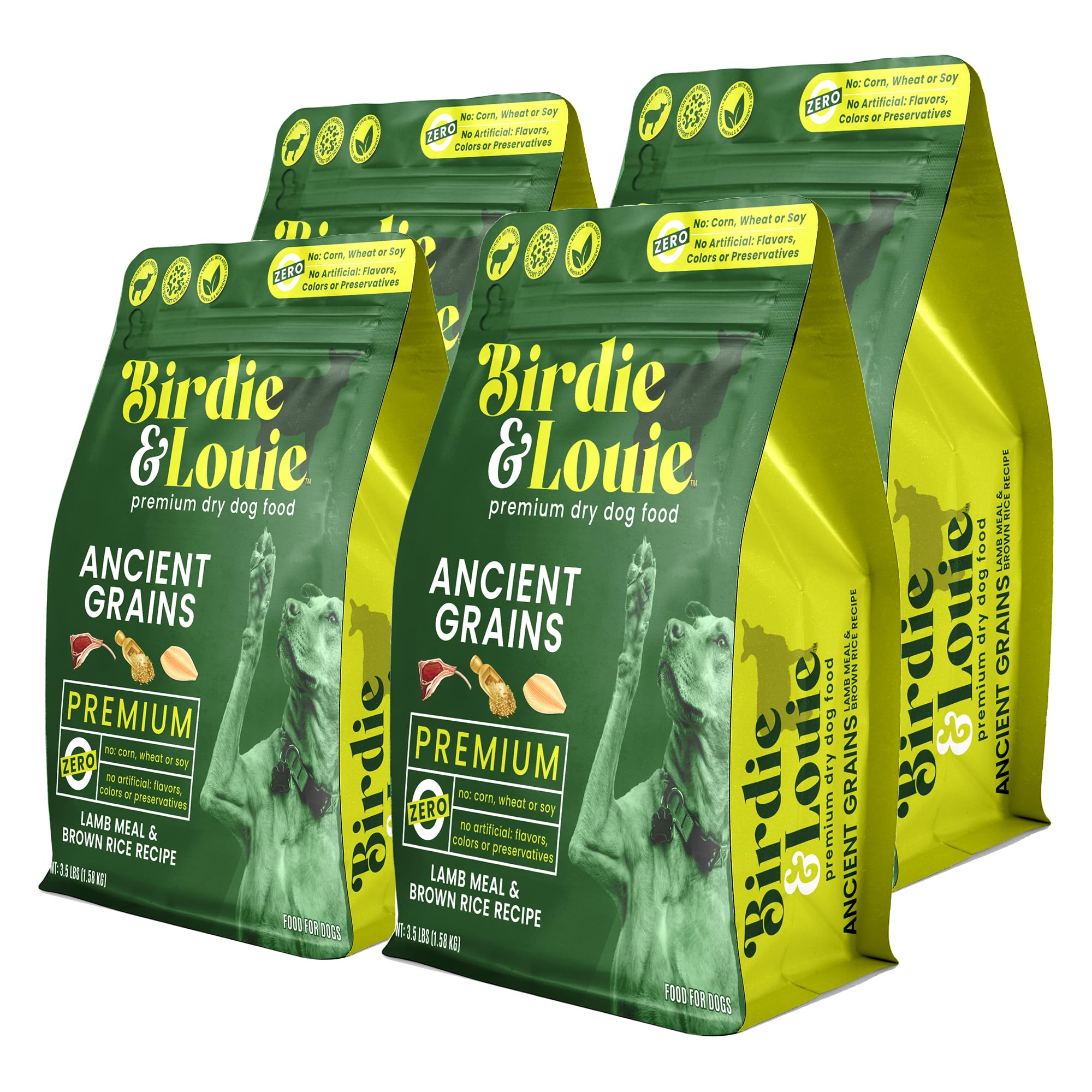 Birdie and Louie Dry Dog Food Lamb Meal & Brown Rice Recipe 3.5 Lb Easy Seal Bag (4 Bags)