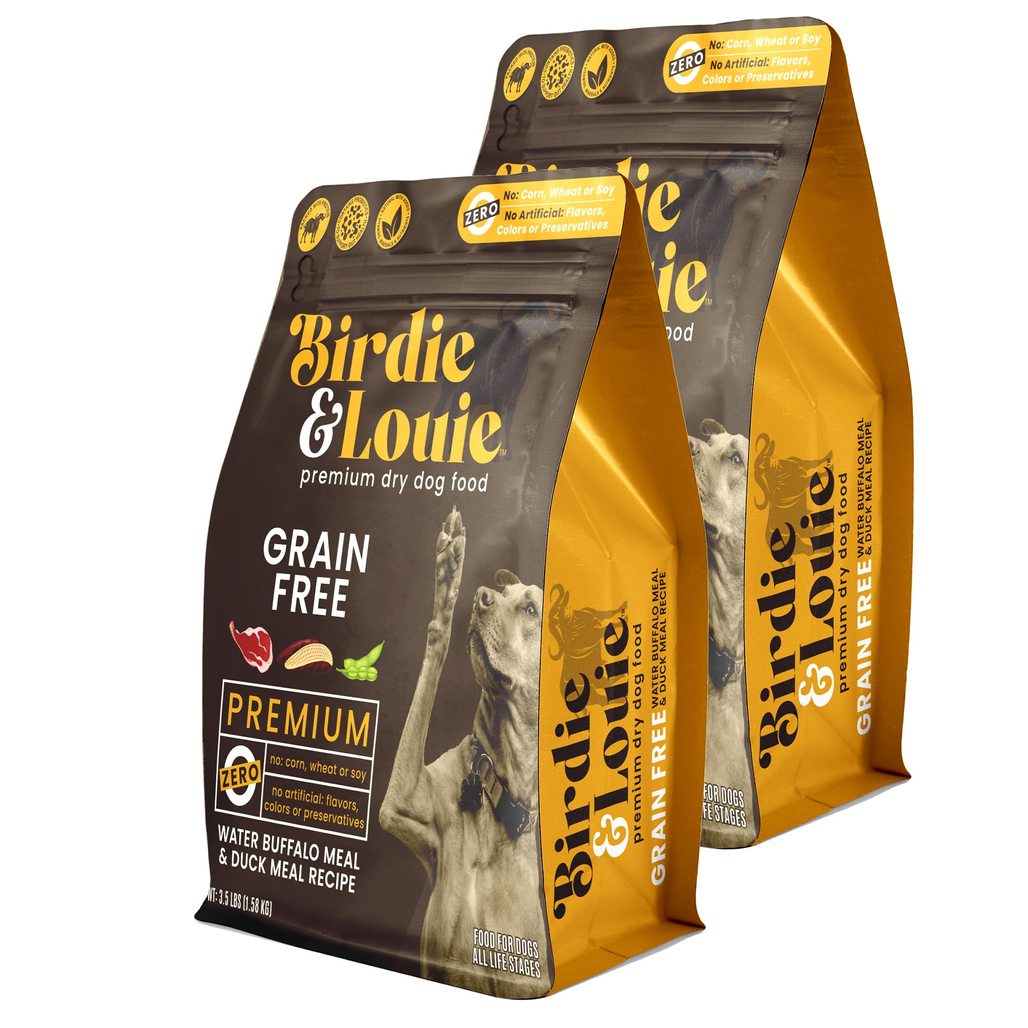 Birdie and Louie Dry Dog Food Buffalo Meal & Duck Meal Recipe 3.5 Lb Easy Seal Bag (2 Bags)