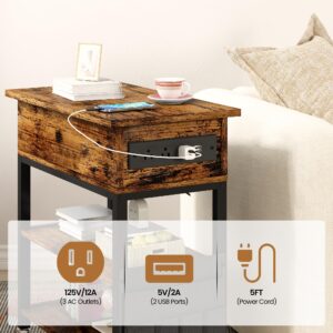 furlinkhm End Table Set of 2 with Charging Station, Flip Top Side Table with USB Ports and Outlets,Narrow NightStand with Storage Bag & Wheels,Bedside Table for Living Room Bedroom,Rustic Brown