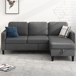 muzz sectional sofa with movable ottoman, modern linen l-shaped couch,3-seater sofa with storage ottoman,free combination sectional couch for living room/office(dark grey)