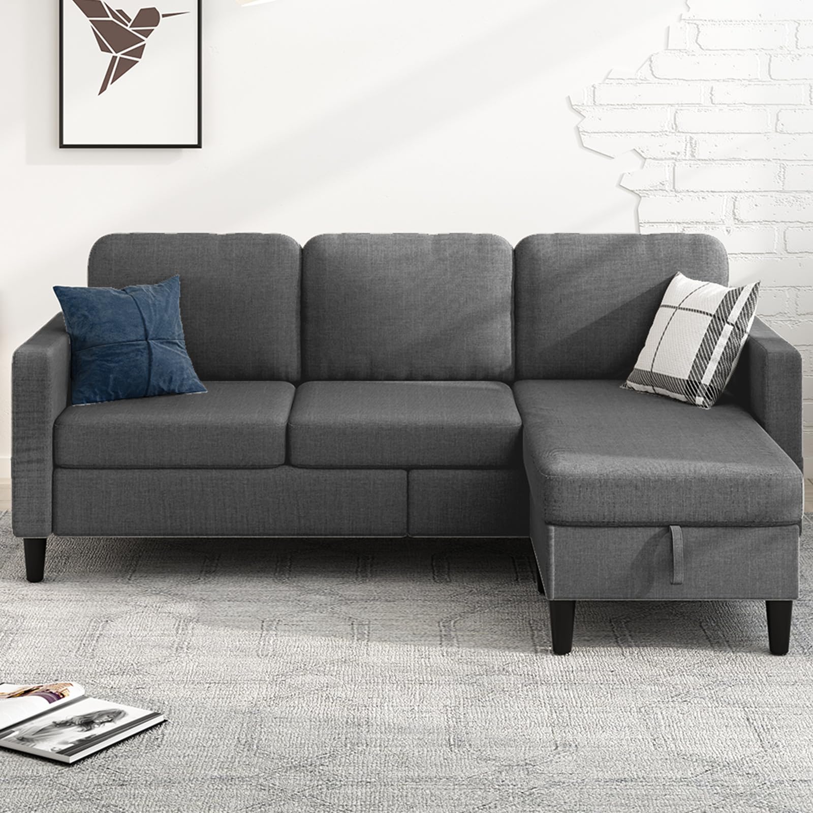 MUZZ Sectional Sofa with Movable Ottoman, Modern Linen L-Shaped Couch,3-Seater Sofa with Storage Ottoman,Free Combination Sectional Couch for Living Room/Office(Dark Grey)