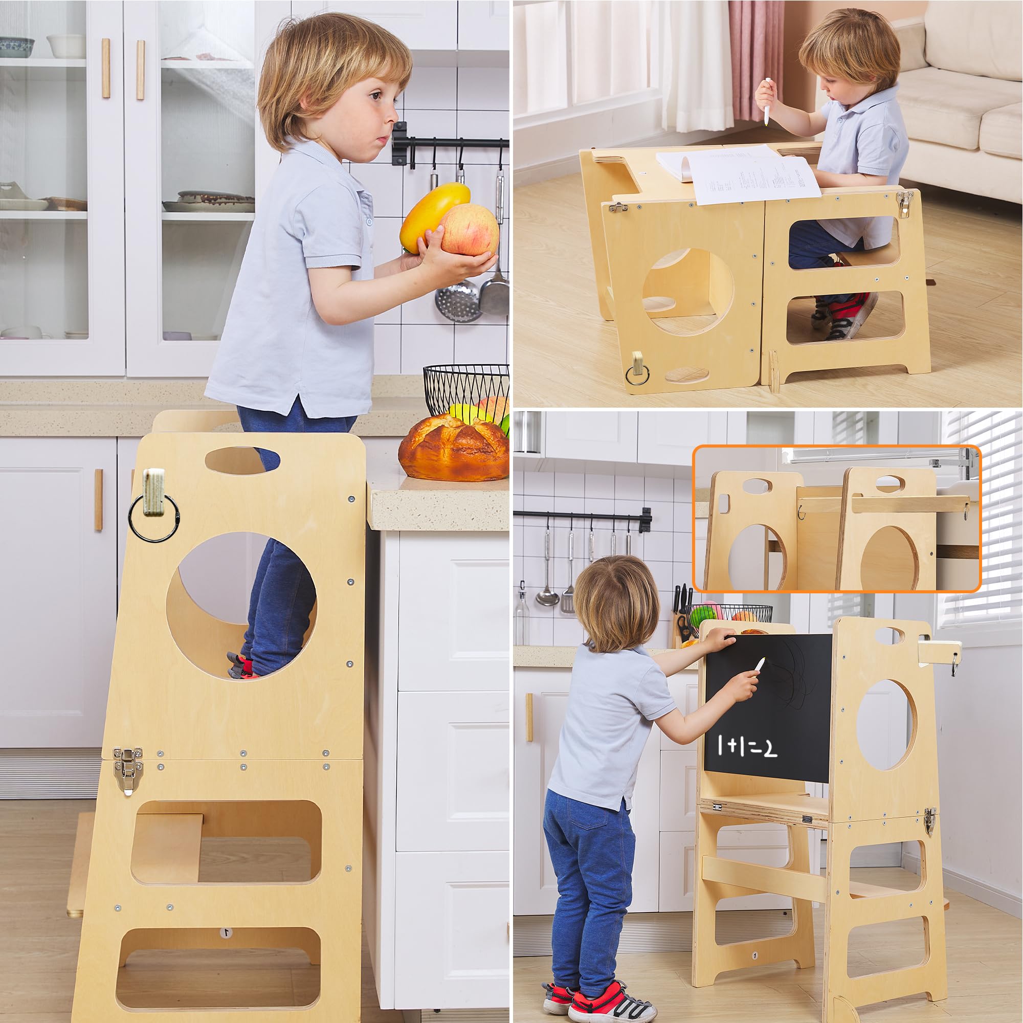 4-in-1 Foldable Kitchen Stool Helper with Safety Crossbar, Standing Toddlers Tower with Chalkboard for Learning, Montessori Folding Desk Table and Chair Set for Kids 1-6 Years