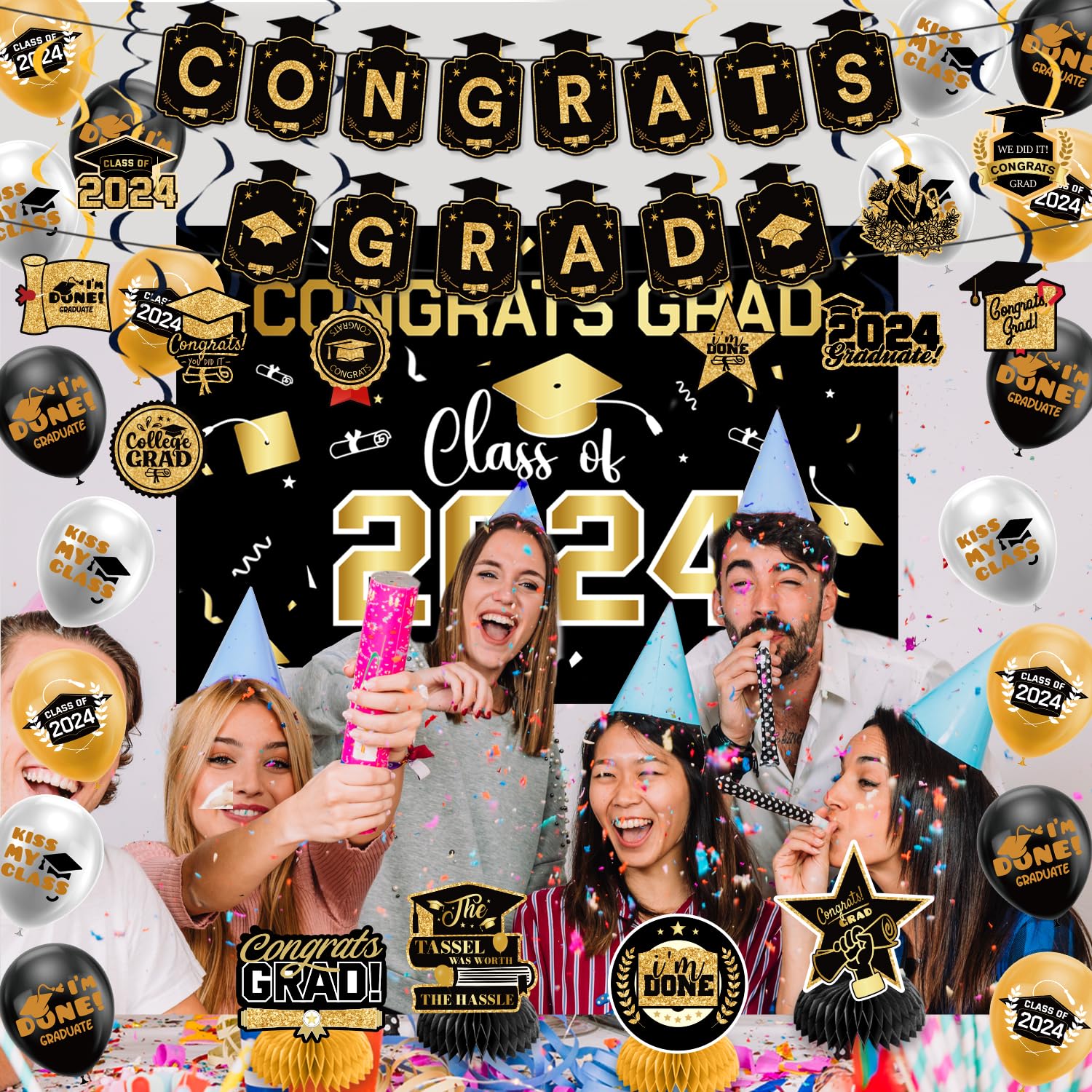 Graduation Decorations Class of 2024,Gold Themed Graduation Decorations Set,Class of 2024 Backdrop Banner,Graduation Hanging Swirl,Balloons and Honeycomb Supplies for Graduation Party (Gold)