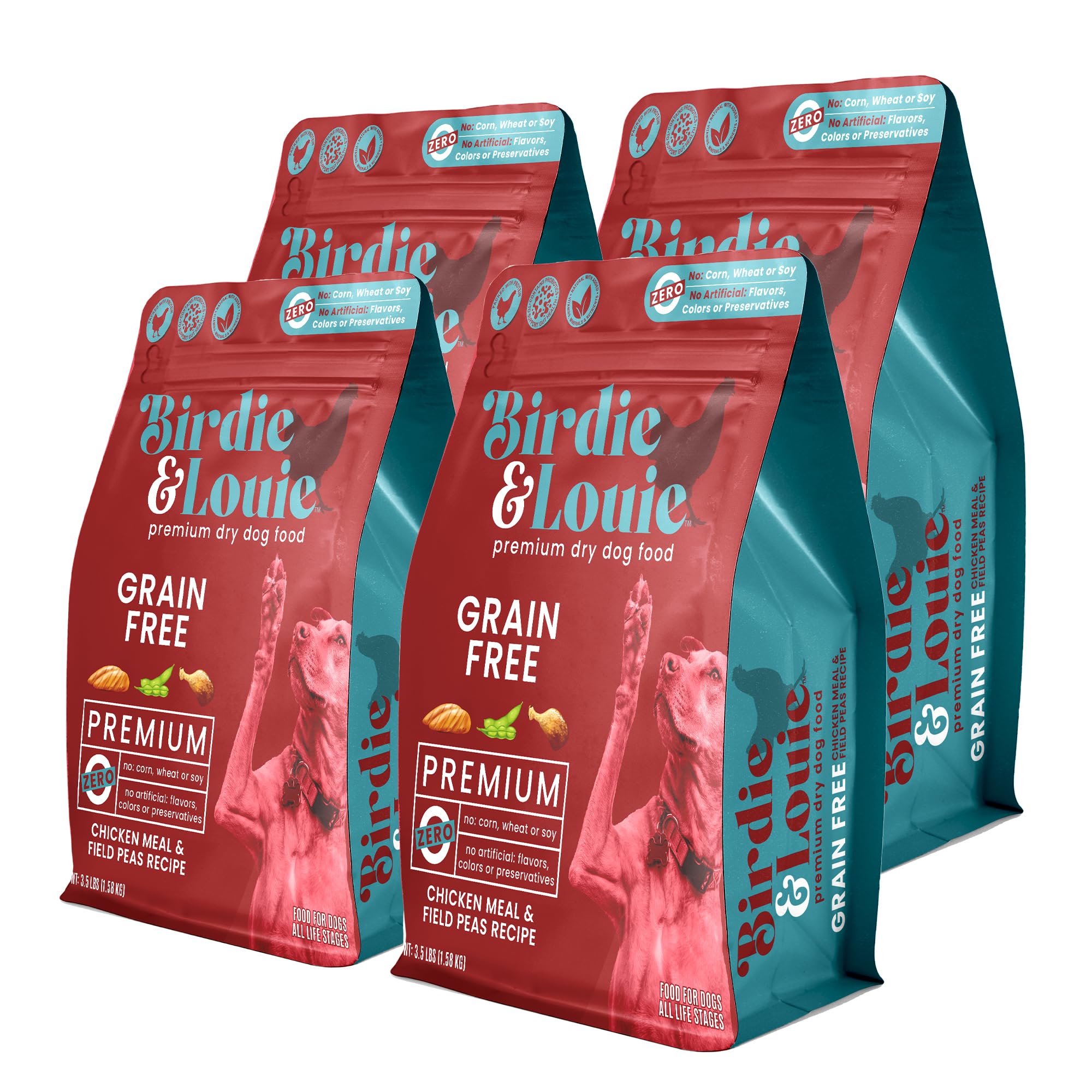 Birdie and Louie Dry Dog Food Chicken Meal & Field Peas Recipe 3.5 Lb Easy Seal Bag (4 Bags)