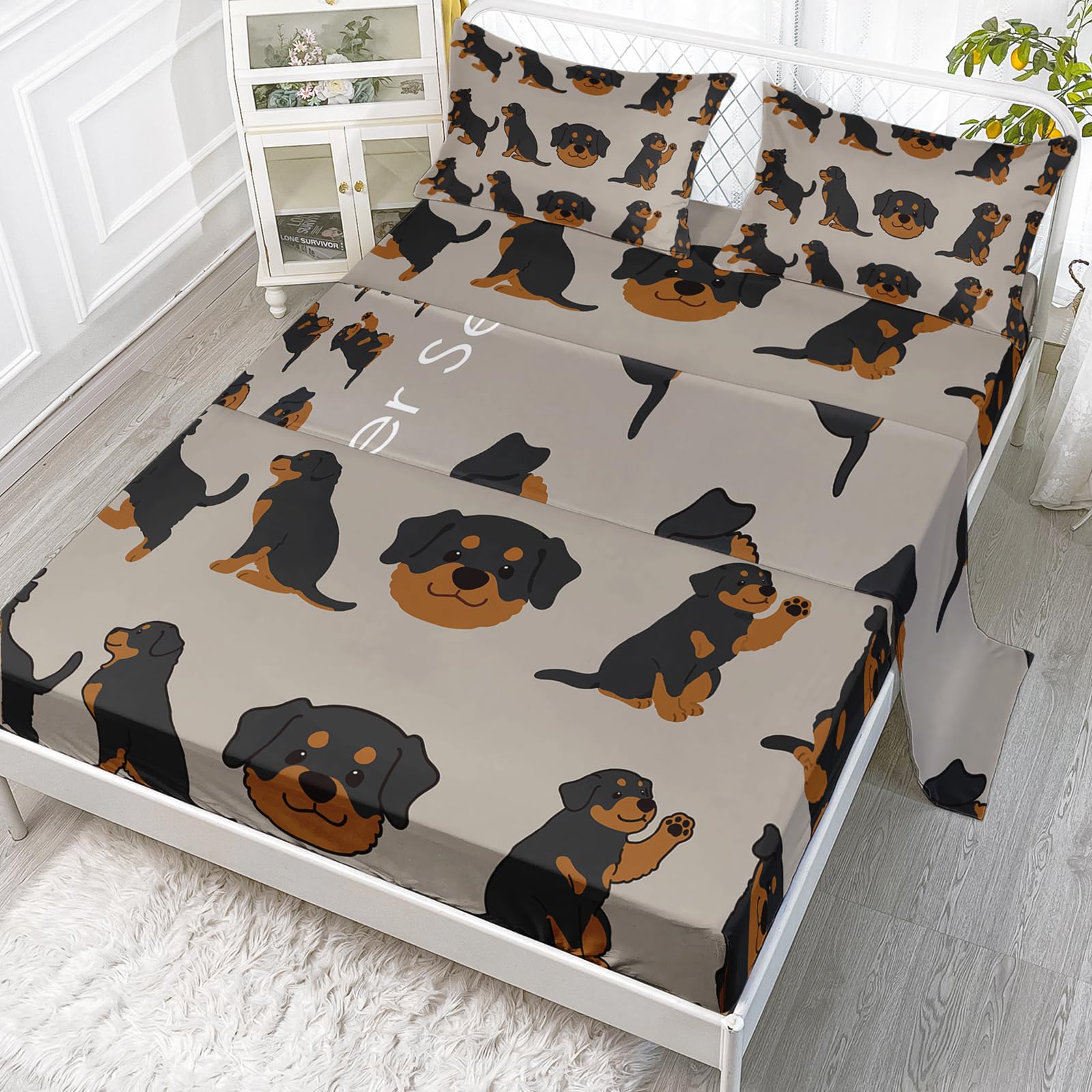 Axolotl Puppy Dog Fitted Sheet Queen,Cute Rottweiler Bedding Sheet Set,Cartoon Pet Puppy Fitted Sheet,Lovely Animal Sheet Set For Kids Boys Girls Teens Adults,1 Flat Sheet 1 Fitted Sheet 2 Pillowcases