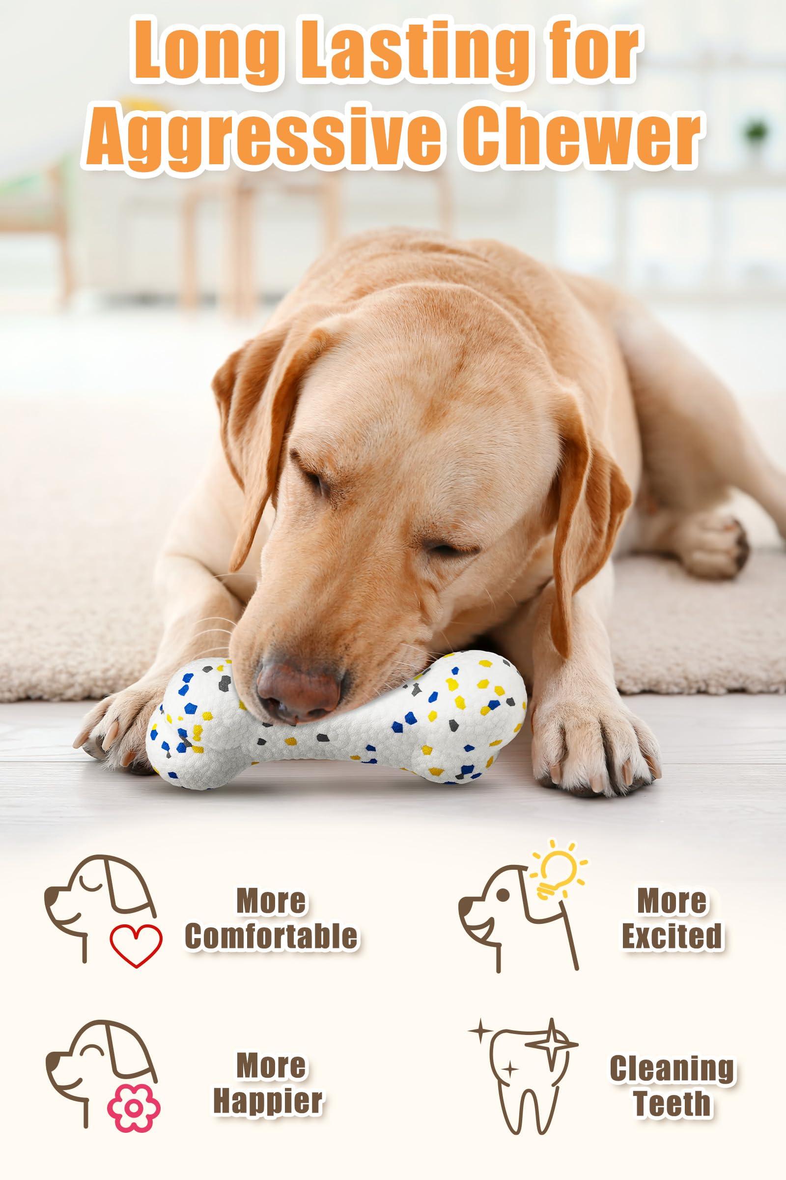 Moonorange Upgrade Bone Dog Balls Tough Dog Toys for Aggressive Chewers, Indestructible Chew Bone Toy Tennis Balls for Large Breed (White)