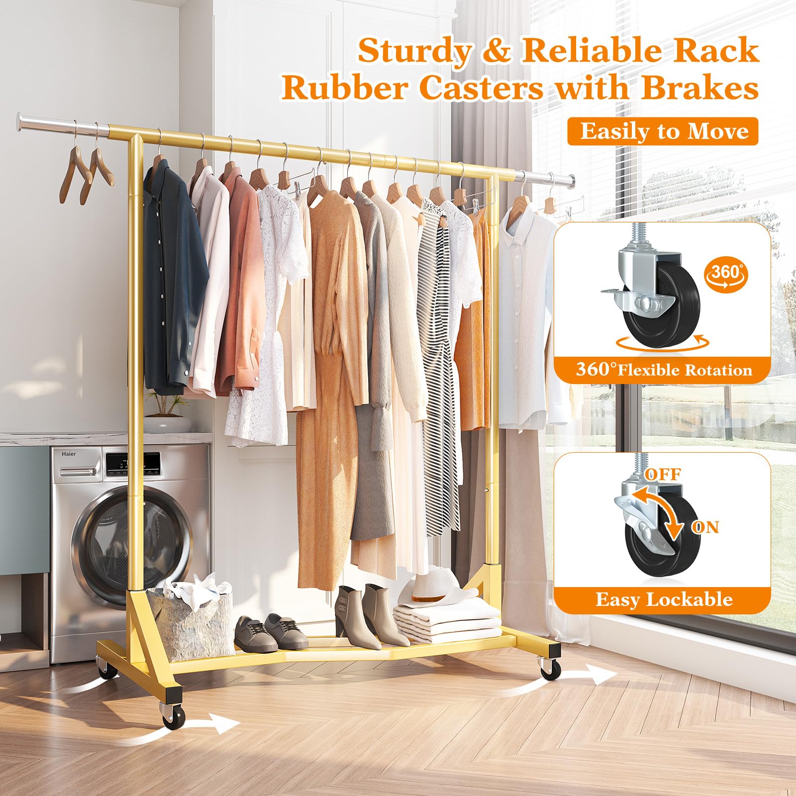 Raybee Clothes Rack 77" W Heavy Duty Clothing Rack Gold Clothing Rack with Wheels Clothes Racks for Hanging Clothes Heavy Duty Metal Rolling Garment Rack Industrial Clothing Rack 77''W×66''H×24''D