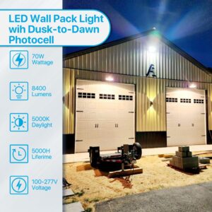 Upgraded LED Wall Pack Lights with Dusk to Dawn Photocell, 2Pack Led Wall Lights 70W IP65 Waterproof Wall Mount Outdoor Wall Lights Fixture 8400LM 5000K Daylight Outdoor Flood Lights for Warehouse