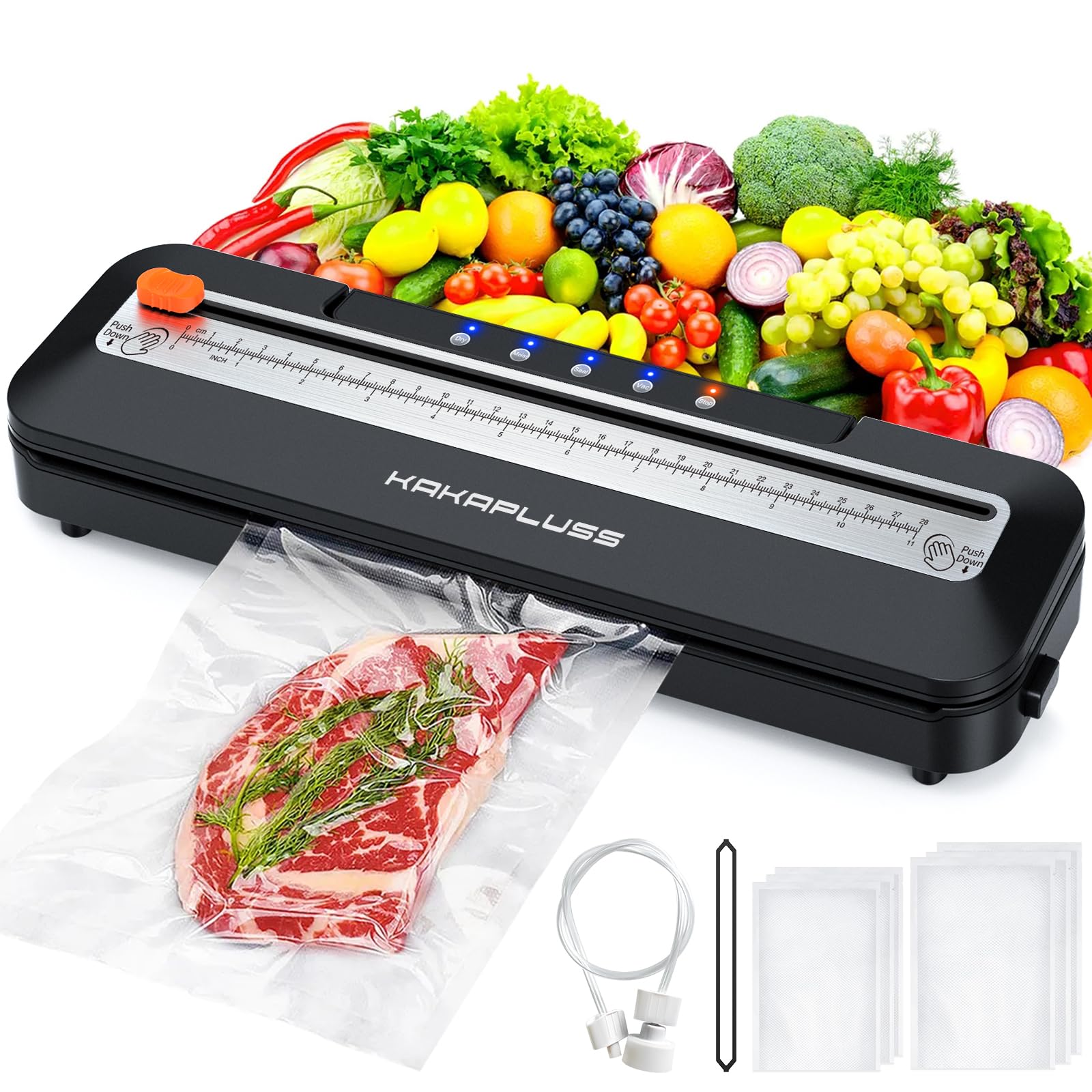 Vacuum Sealer, Automatic Food Sealer Machine, Dry/Moist Sealer, Built-in Cutter, with 15 Sealing Bags & Air Suction Hose & Extra Gasket, for Bags, Jars and Containers Food Fresh and Storage, Black