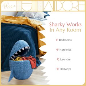 Adore Decor Sharky Laundry Hamper, Child & Pet Safe Basket, Baby Hamper for Nurseries, Cute Toy Basket for Children's Bedrooms, or Cat & Dog Toy Box, Natural & Sustainable Water Hyacinth, Medium Blue