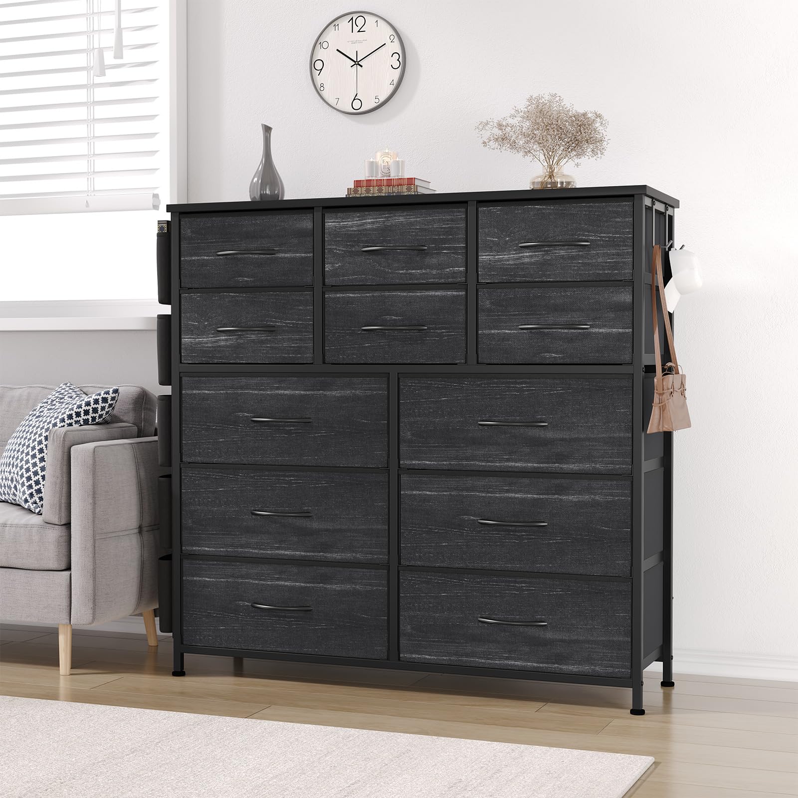 12 Dresser for Bedroom, Chest of Drawers for Bedroom with Side Pockets and Hooks, Fabric Storage Dresser, Sturdy Steel Frame, Wood Top, Easy Pull Handle (Charcoal Black)