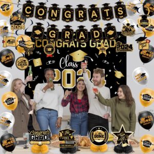 Graduation Decorations Class of 2024,Gold Themed Graduation Decorations Set,Class of 2024 Backdrop Banner,Graduation Hanging Swirl,Balloons and Honeycomb Supplies for Graduation Party (Gold)