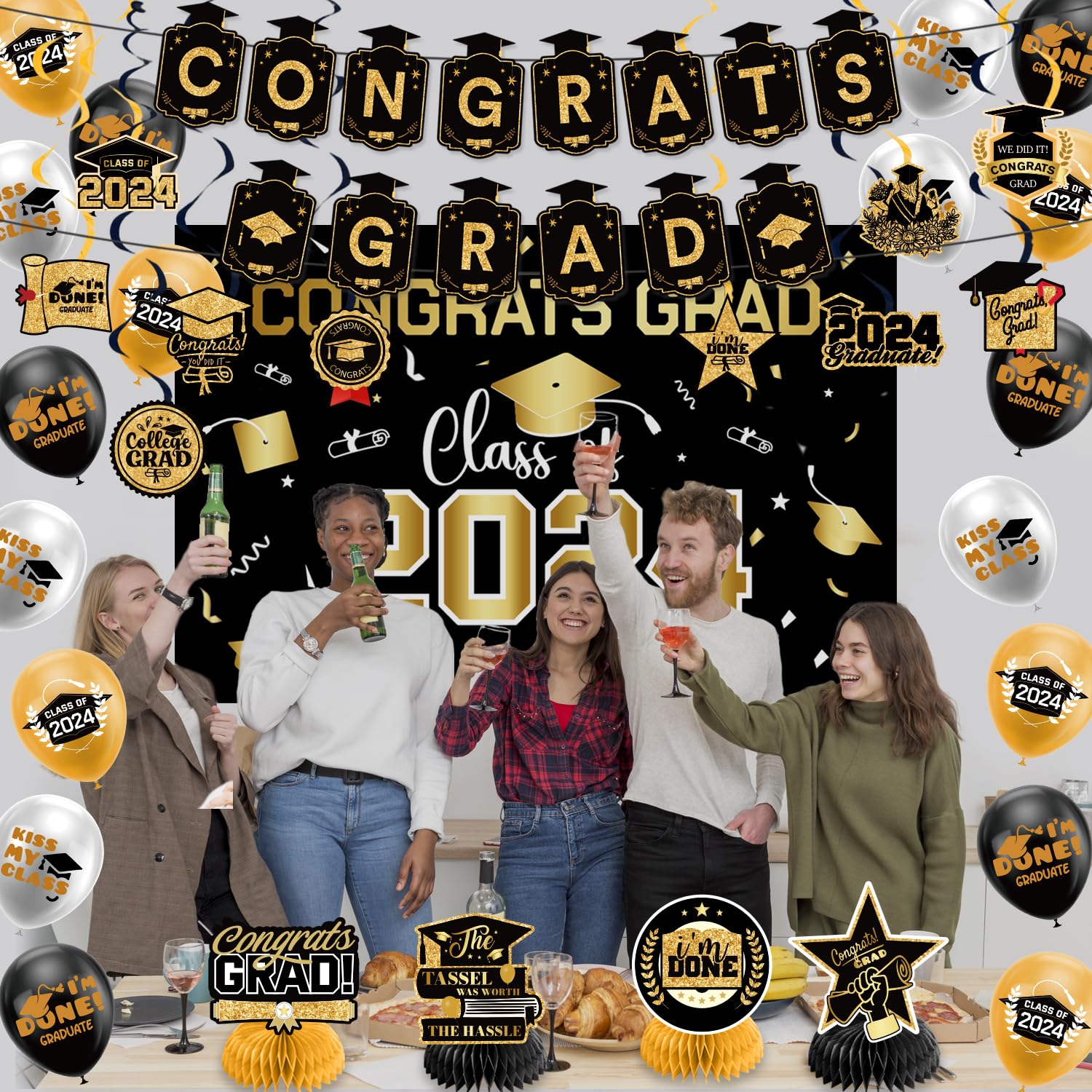 Graduation Decorations Class of 2024,Gold Themed Graduation Decorations Set,Class of 2024 Backdrop Banner,Graduation Hanging Swirl,Balloons and Honeycomb Supplies for Graduation Party (Gold)