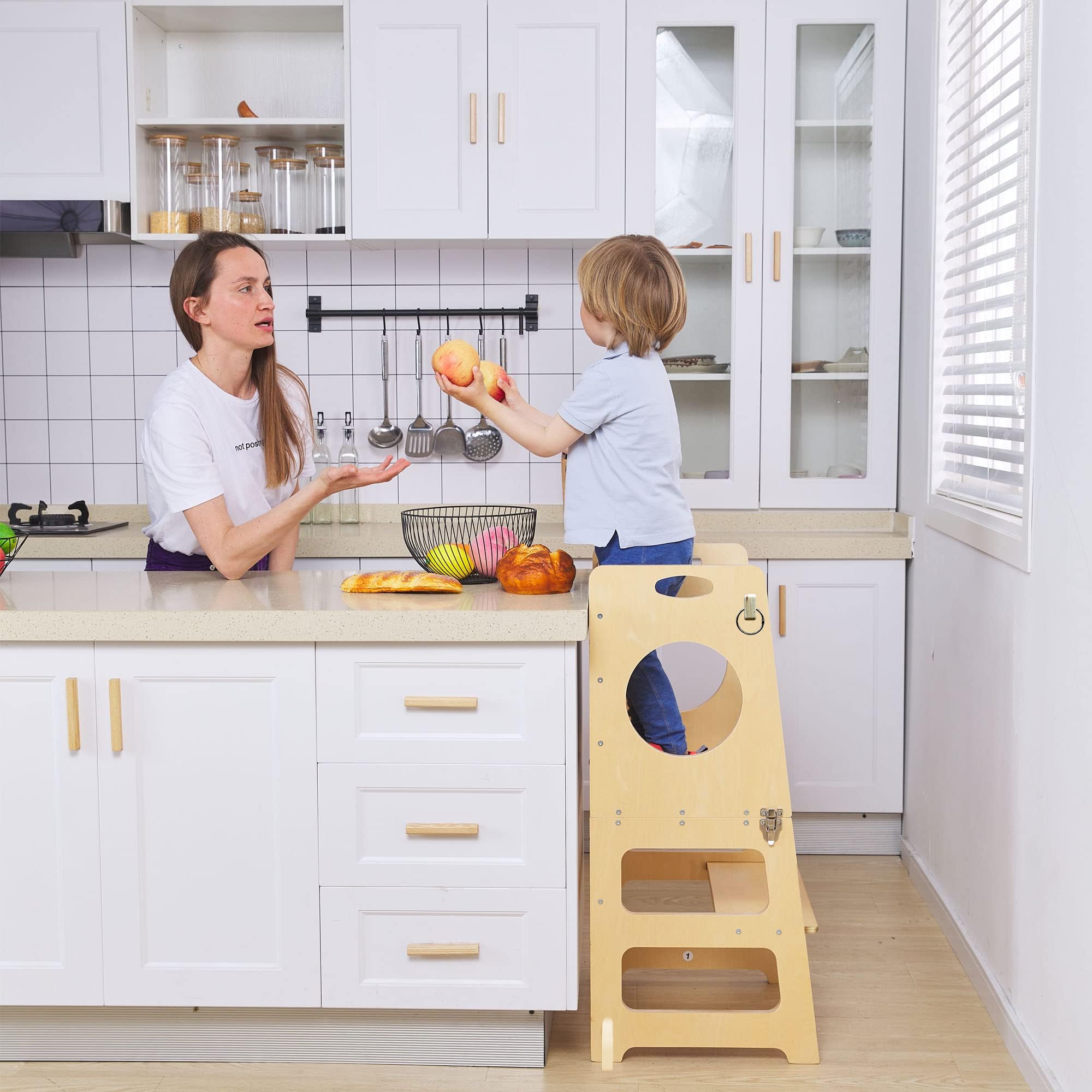 4-in-1 Foldable Kitchen Stool Helper with Safety Crossbar, Standing Toddlers Tower with Chalkboard for Learning, Montessori Folding Desk Table and Chair Set for Kids 1-6 Years