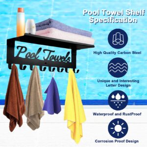 Pool Towel Racks with Shelf 8 Hooks for Pool Bathroom Wall Mount Towel Hooks Towel Holder Carbon Steel Hanger Organizer Pool Accessories Outdoor for Robe,Towel,Coat,Swimsuit,Bag,Keys