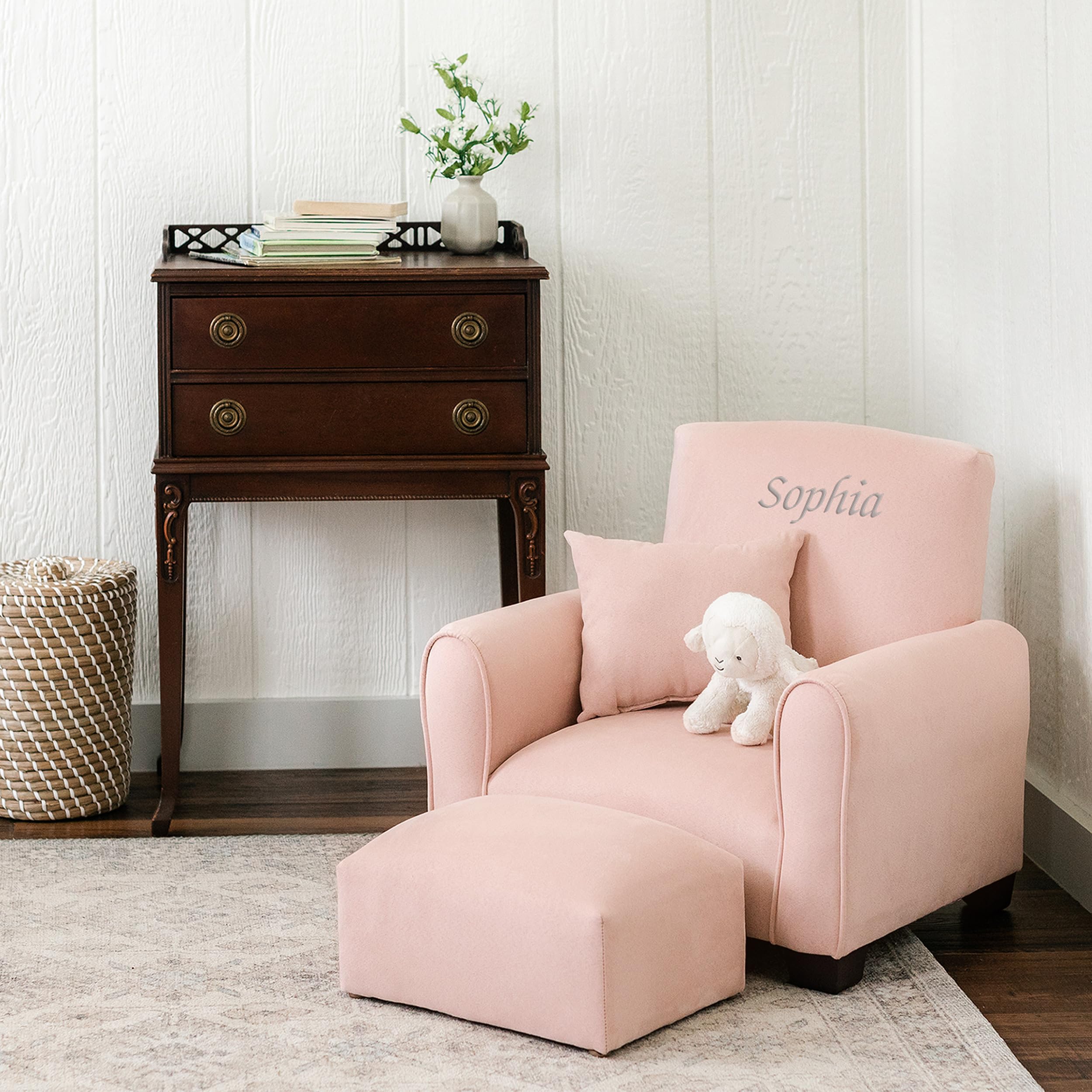 Generic Kids Personalized Chair, Personalized Kids Upholstered Rocking Chair, Toddler Chair with Personalized Name, Comfy Kids Armchair, Kids Chair with Personalization (Blush Suede, Legs), KC100L-PN