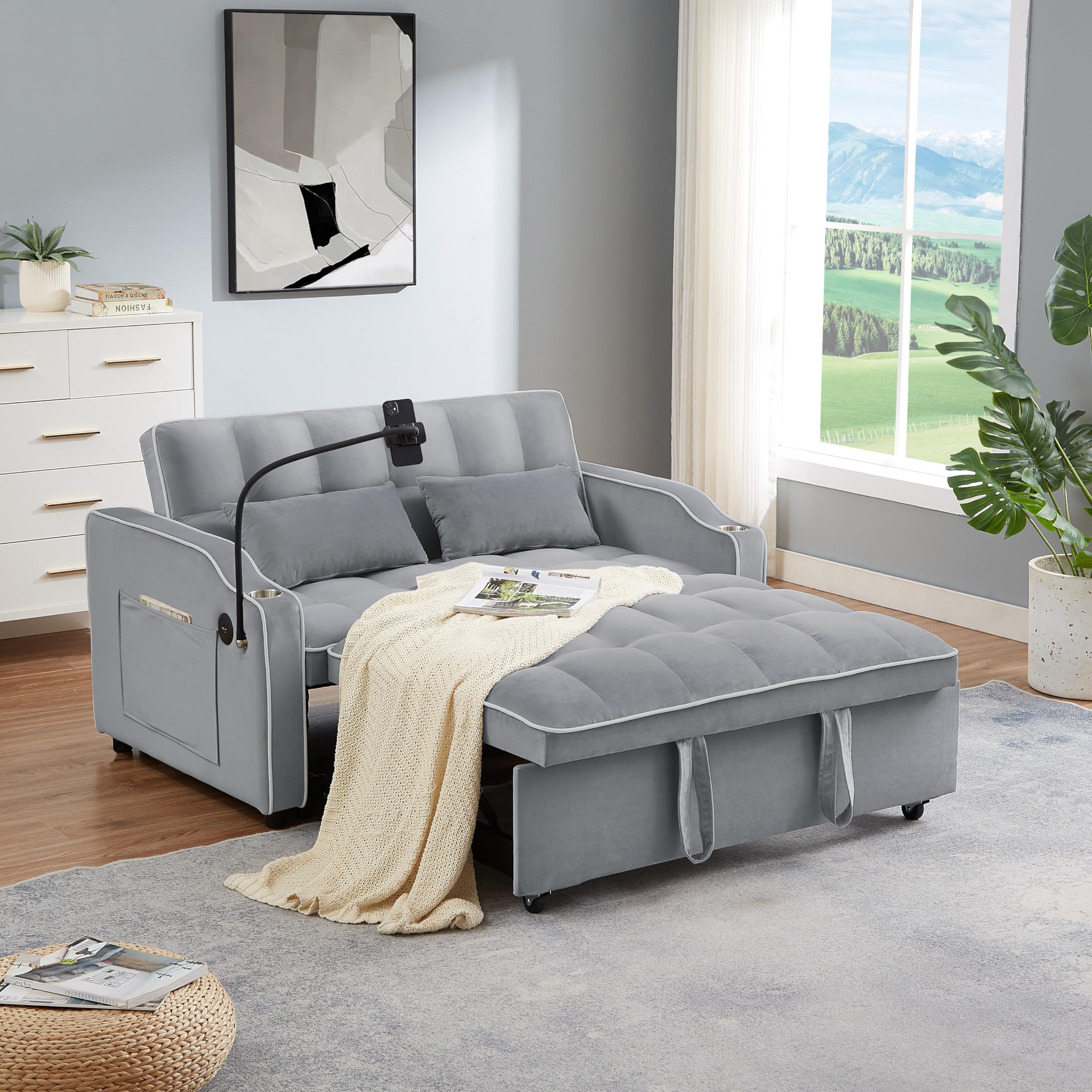 MYINDA 3-in-1 Sleeper Sofa Couch with Velvet Pullout Bed, 54.7’’ Convertible Sofa Bed Couch with Adjustable Backrest and USB Ports and Cup Holders for Bedroom Living Room (Grey)