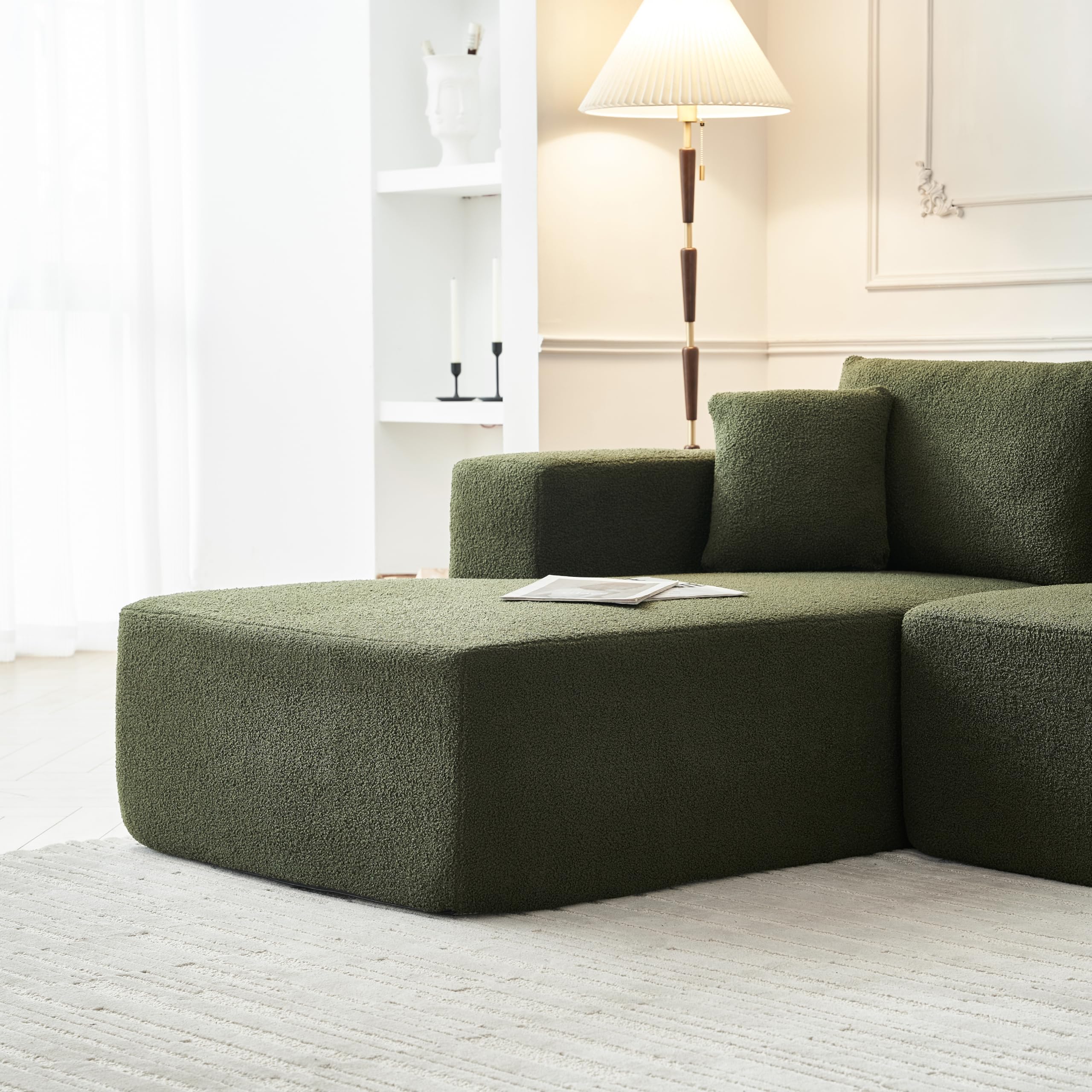 JUSTONE 104.33" Sponge Sectional Sofa Couch for Living Room, L Shaped Lamb Modular High Density Sponge Floor Sofa Couch with Chaise Lounge,Cloud Couch, Green