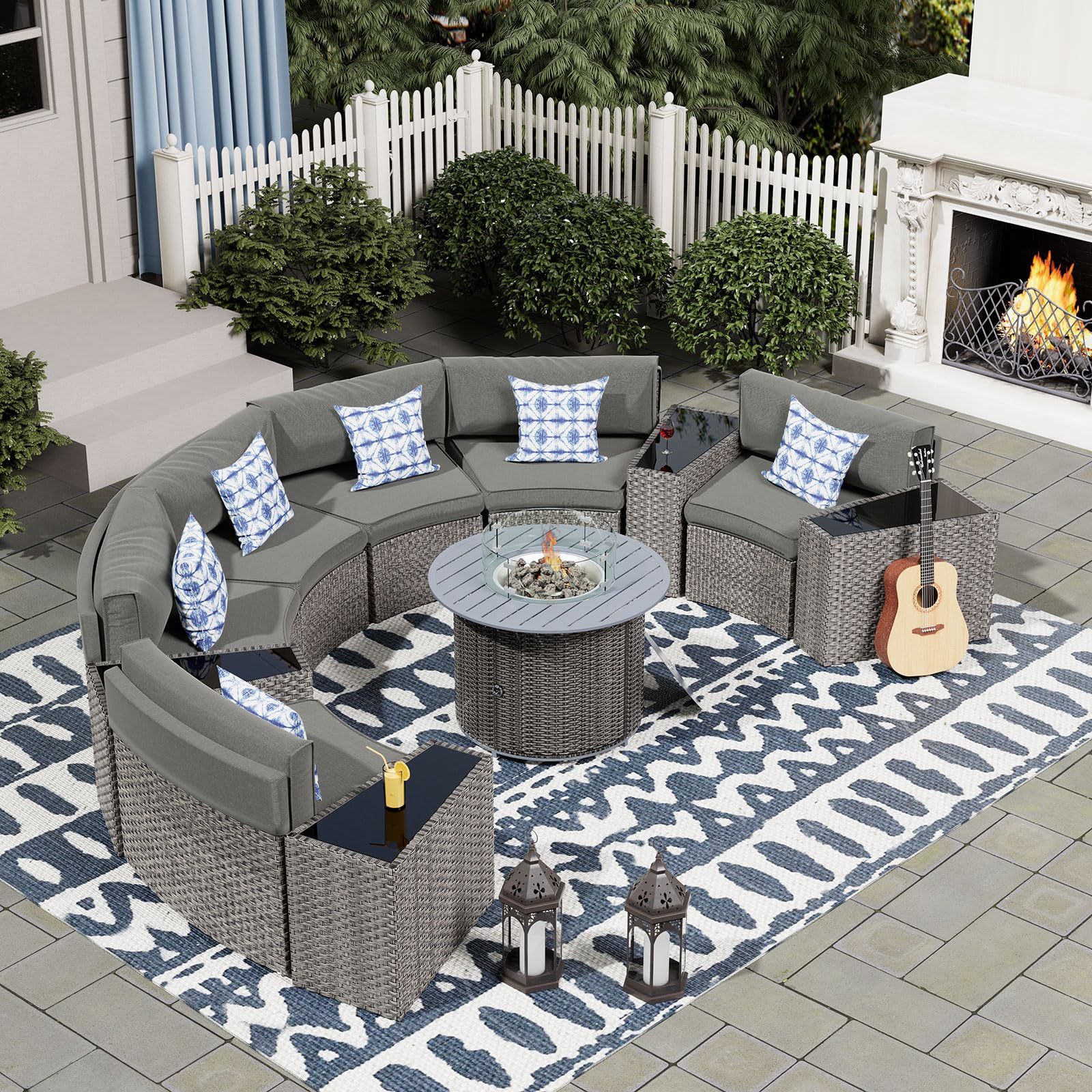 UDPATIO Patio Furniture Set with Fire Pit Table,Integrated Outdoor Sectional 11 Pieces Rattan Modular Curved Sofa Set with Propane Fire Pit,Wicker Side Table,6 Pillows,Fit for Backyard,Poolside(Grey)