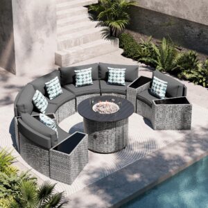 UDPATIO Patio Furniture Set with Fire Pit Table,Integrated Outdoor Sectional 11 Pieces Rattan Modular Curved Sofa Set with Propane Fire Pit,Wicker Side Table,6 Pillows,Fit for Backyard,Poolside(Grey)