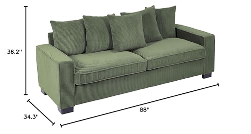 US Pride Furniture Luxe Living Room Sofa with 5 Complementary Toss Pillows, Soft Corduroy Upholstery, Streamlined Design, Ample and Cozy 3 Seater Couch for Modern Spaces, 88" Wide, Dark Green