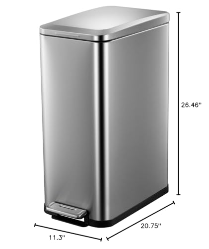 WELYFE 13 Gallon Tall Kitchen Garbage Can, Hands-Free Stainless Steel Trash Can, Slim Rectangular Fingerprint-Resistant Soft Close Kitchen Trash Can with Lid, Silver