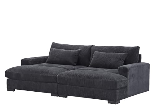 Container Furniture Direct Luxe Sleeper Sofa with Soft Corduroy Upholstery, Double Chaise Design, Convertible to Twin Size Bed, Modern and Comfortable Living Room Couch, Extra Large, Black