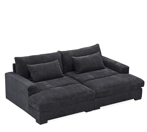 US Pride Furniture Luxe Double Chaise Sleeper Sofa with Soft Corduroy Upholstery, Adaptable to Twin Bed, Comfortable Living Room Couch for Modern Homes, 89.9" Wide, Black