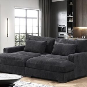 Container Furniture Direct Luxe Sleeper Sofa with Soft Corduroy Upholstery, Double Chaise Design, Convertible to Twin Size Bed, Modern and Comfortable Living Room Couch, Extra Large, Black