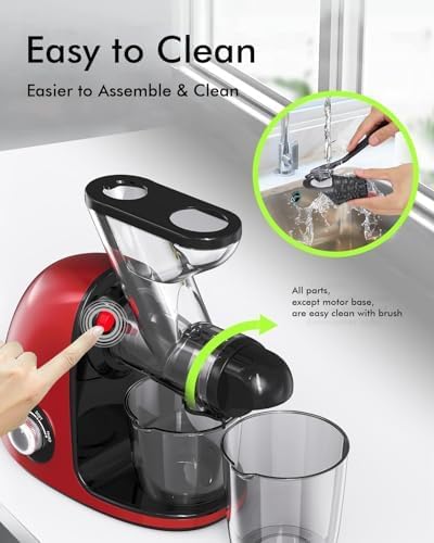 SiFENE Slow Masticating Cold Press Juicer Machines for Fruit & Vegetable, Juice Yield Maker Extractor with Dual Mouth, Quiet Motor & Anti-Clog System, Easy to Clean, Non-BPA, Red