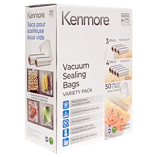 Vacuum Sealer Bags Set for FoodSaver Bag Nesco NutriChef Bonsenkitchen Kenmore BPA-Free Heat-Seal Textured Bags Sous-Vide 57 Jumbo Pack (50 Precut Bags-8"x10" 3 Rolls-8"x 20" 4 Rolls-11"x16")