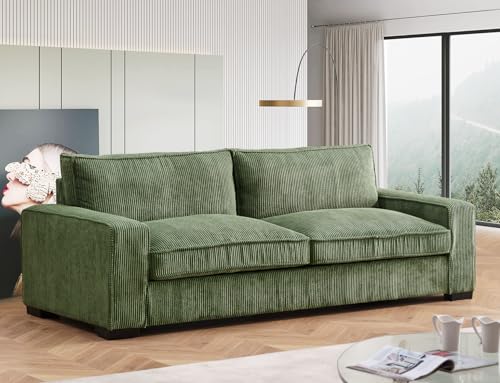 Container Furniture Direct Luxe Corduroy Sofa with Sleek Design, Spacious and Comfortable 3 Seater Couch for Modern Living Room, Ideal for Entertainment and Cozy Moments, Large, Green