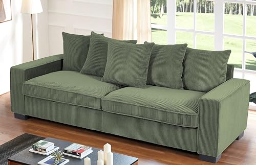 US Pride Furniture Luxe Living Room Sofa with 5 Complementary Toss Pillows, Soft Corduroy Upholstery, Streamlined Design, Ample and Cozy 3 Seater Couch for Modern Spaces, 88" Wide, Dark Green