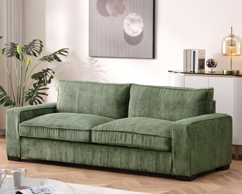 Container Furniture Direct Luxe Corduroy Sofa with Sleek Design, Spacious and Comfortable 3 Seater Couch for Modern Living Room, Ideal for Entertainment and Cozy Moments, Large, Green