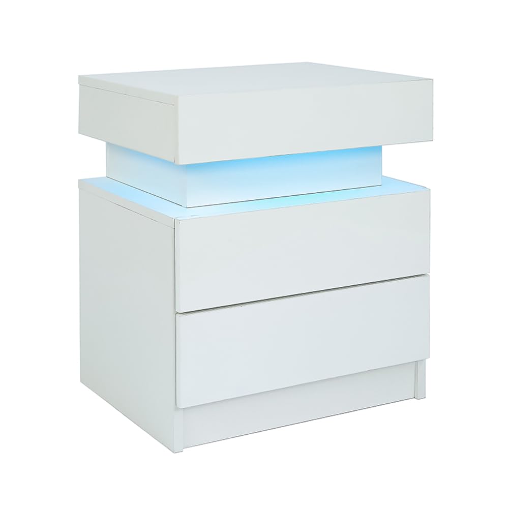 CuisinSmart Led Nightstand, Bedside Table Cabinet with Lights High Gloss End Side with 2 Drawers, White Smart Nightstand Flip-Top Hidden Storage Space for Bedroom White As Shown