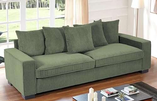 US Pride Furniture Luxe Living Room Sofa with 5 Complementary Toss Pillows, Soft Corduroy Upholstery, Streamlined Design, Ample and Cozy 3 Seater Couch for Modern Spaces, 88" Wide, Dark Green