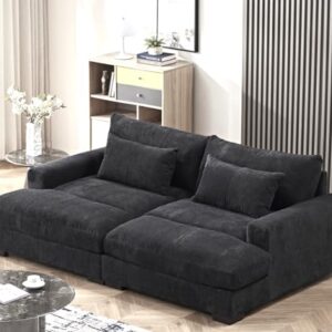 Container Furniture Direct Luxe Sleeper Sofa with Soft Corduroy Upholstery, Double Chaise Design, Convertible to Twin Size Bed, Modern and Comfortable Living Room Couch, Extra Large, Black