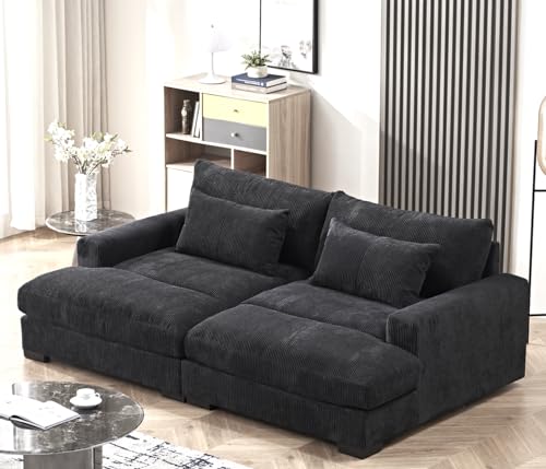 Container Furniture Direct Luxe Sleeper Sofa with Soft Corduroy Upholstery, Double Chaise Design, Convertible to Twin Size Bed, Modern and Comfortable Living Room Couch, Extra Large, Black