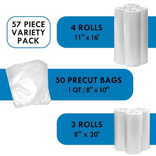 Vacuum Sealer Bags Set for FoodSaver Bag Nesco NutriChef Bonsenkitchen Kenmore BPA-Free Heat-Seal Textured Bags Sous-Vide 57 Jumbo Pack (50 Precut Bags-8"x10" 3 Rolls-8"x 20" 4 Rolls-11"x16")