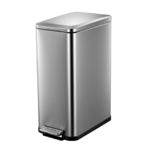 welyfe 13 gallon tall kitchen garbage can, hands-free stainless steel trash can, slim rectangular fingerprint-resistant soft close kitchen trash can with lid, silver