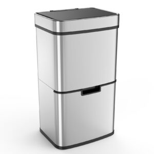 16 gallon stainless steel kitchen separation trash can with smart automatic motion sensor lid and removable dual compartment plastic inner buckets, easy kitchen garbage separation and recovery, silver