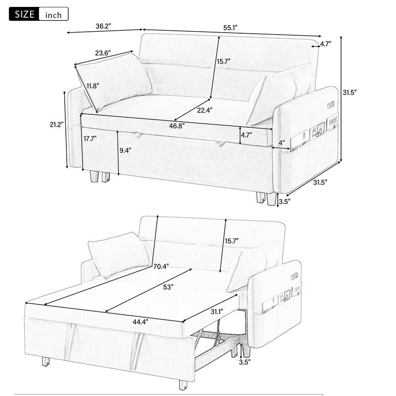 Convertible Chair Bed, 3 in 1 Convertible Sofa Bed Sleeper Chair with 3 Level Adjustable Backrest & 2 Pillow, Pull Out Sofa Bed in Microfiber, Sofa Bed Couch Loveseat Sleeper Bed for Living Room,Beige