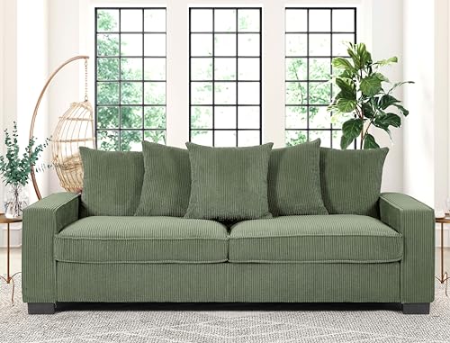 US Pride Furniture Luxe Living Room Sofa with 5 Complementary Toss Pillows, Soft Corduroy Upholstery, Streamlined Design, Ample and Cozy 3 Seater Couch for Modern Spaces, 88" Wide, Dark Green