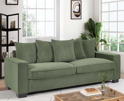 US Pride Furniture Luxe Living Room Sofa with 5 Complementary Toss Pillows, Soft Corduroy Upholstery, Streamlined Design, Ample and Cozy 3 Seater Couch for Modern Spaces, 88" Wide, Dark Green